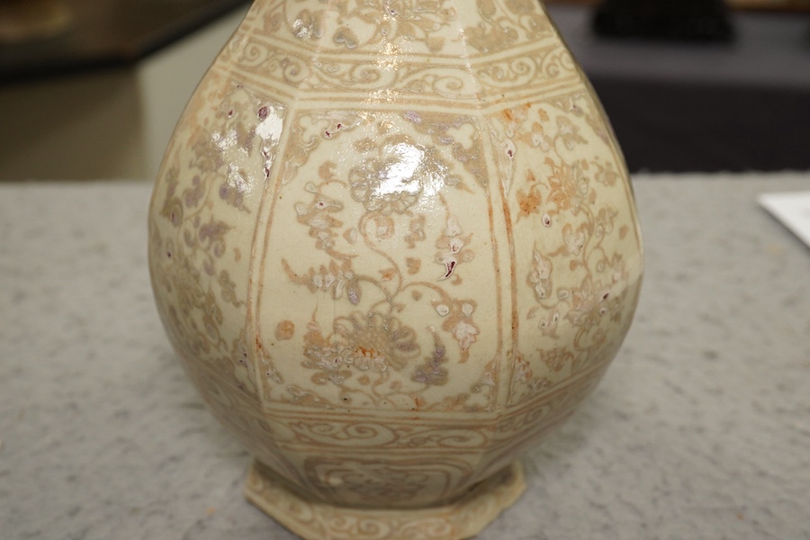 A Chinese underglaze copper red octagonal bottle vase, yuhuchunping, possibly Yuan or Hongwu period, Ming dynasty